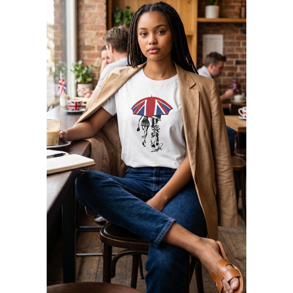 London Union Jack Umbrella Graphic Tee Womens S White Tourist Travel 100% Cotton